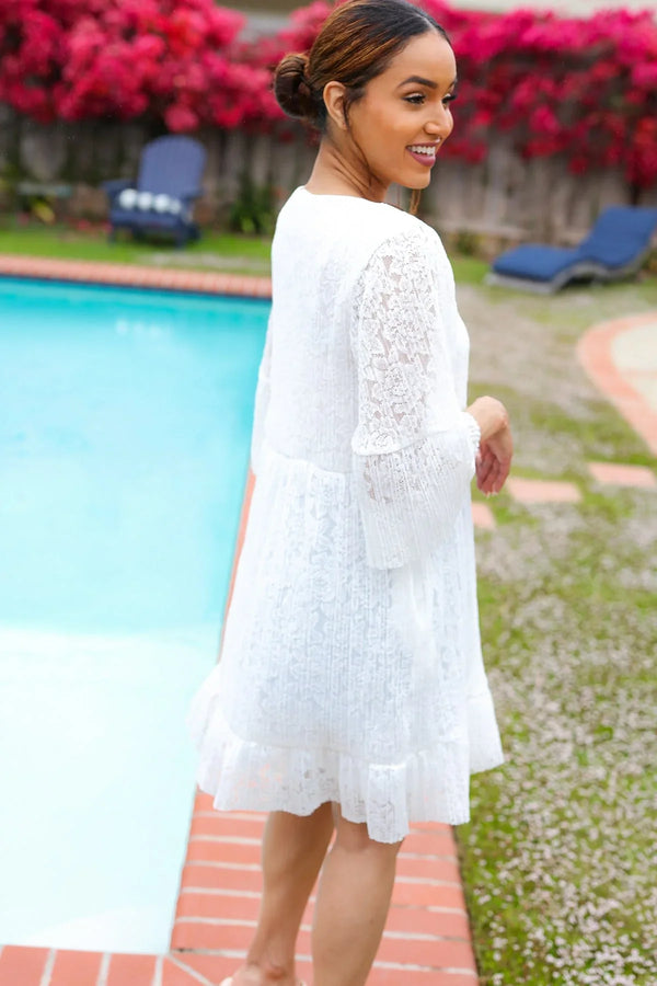 Diva Dreams White Accordion Pleated Lace Square Neck Dress - Coeur de la Mode