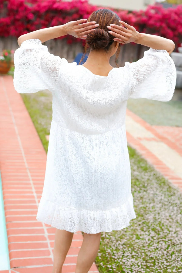 Diva Dreams White Accordion Pleated Lace Square Neck Dress - Coeur de la Mode
