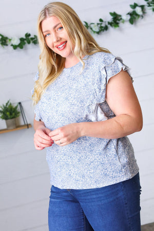 Washed Blue Floral Tiered Flutter Sleeve Top - Coeur de la Mode