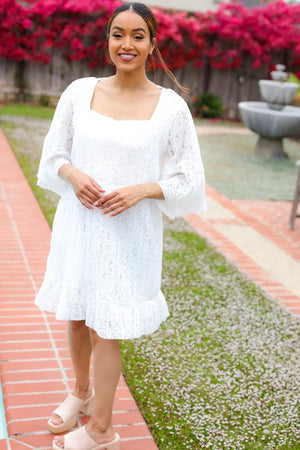 Diva Dreams White Accordion Pleated Lace Square Neck Dress - Coeur de la Mode