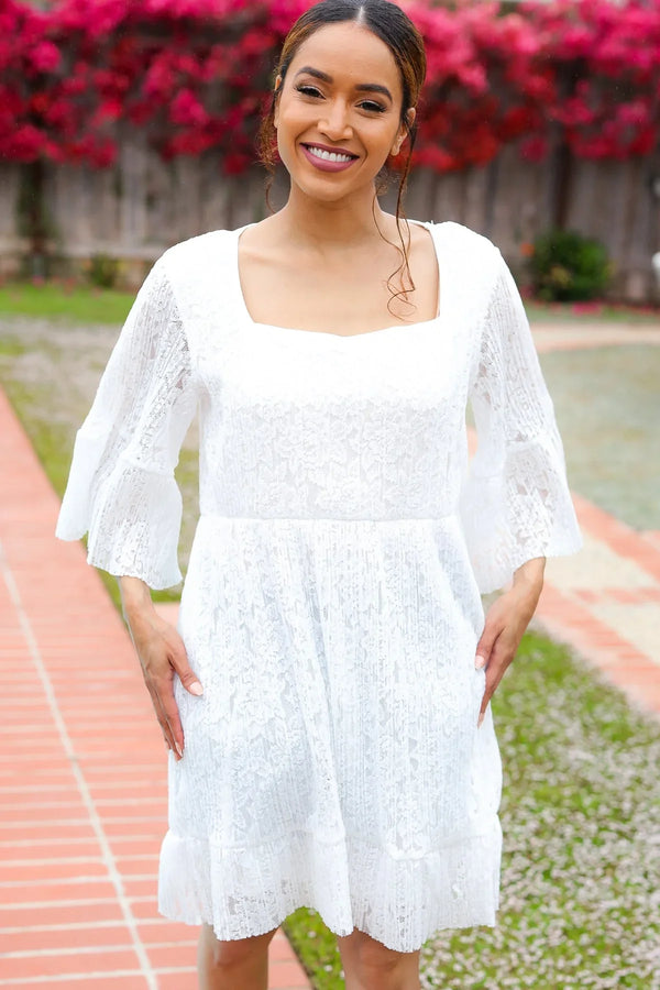 Diva Dreams White Accordion Pleated Lace Square Neck Dress - Coeur de la Mode
