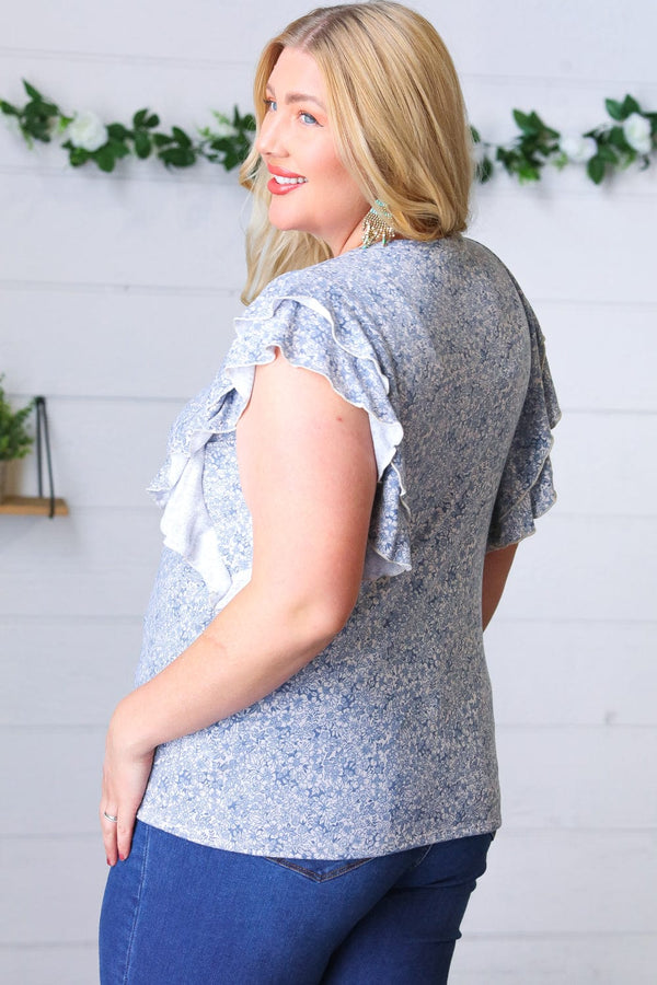 Washed Blue Floral Tiered Flutter Sleeve Top - Coeur de la Mode
