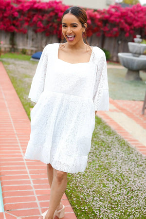 Diva Dreams White Accordion Pleated Lace Square Neck Dress - Coeur de la Mode
