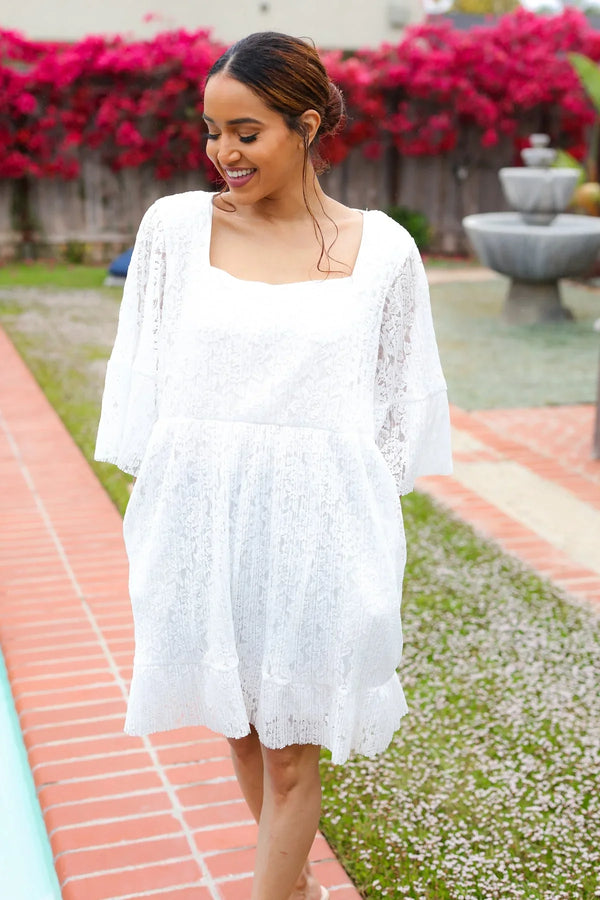 Diva Dreams White Accordion Pleated Lace Square Neck Dress - Coeur de la Mode