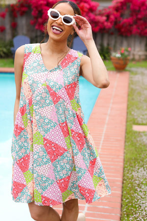 Hello Beautiful Peach & Sage Patchwork Babydoll Swing Dress - Coeur de la Mode