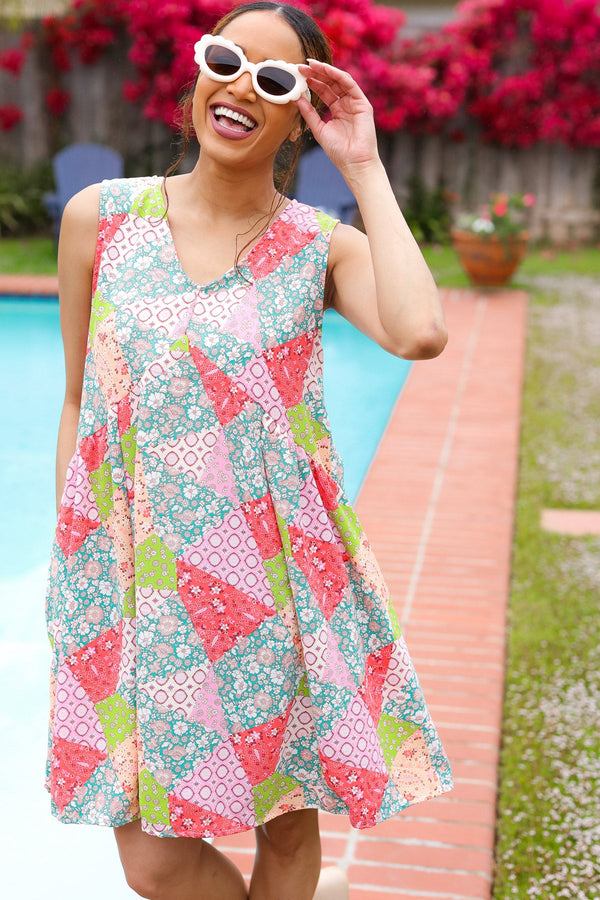 Hello Beautiful Peach & Sage Patchwork Babydoll Swing Dress - Coeur de la Mode