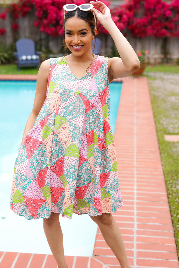 Hello Beautiful Peach & Sage Patchwork Babydoll Swing Dress - Coeur de la Mode