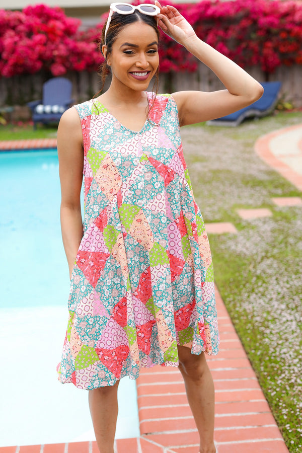 Hello Beautiful Peach & Sage Patchwork Babydoll Swing Dress - Coeur de la Mode