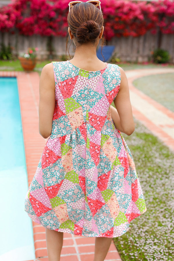 Hello Beautiful Peach & Sage Patchwork Babydoll Swing Dress - Coeur de la Mode