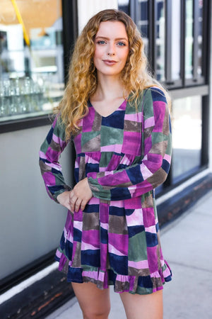 Lock Eyes Lavender Geo Print Ruffle Hem Dress - Coeur de la Mode