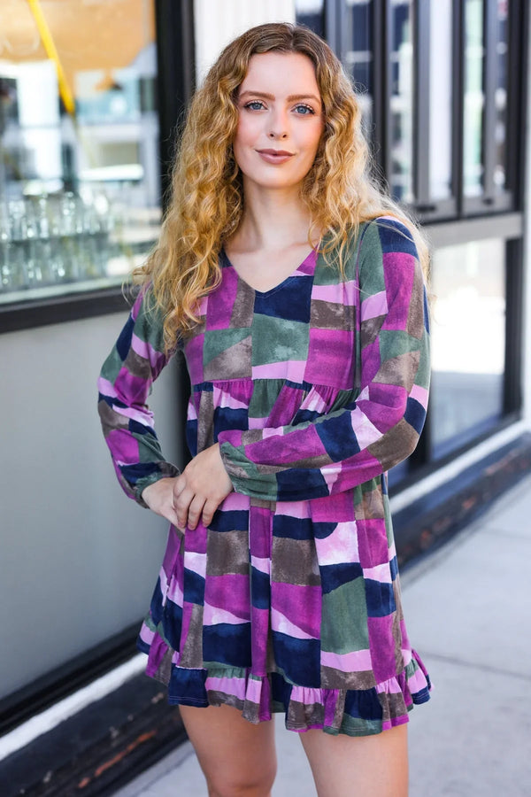 Lock Eyes Lavender Geo Print Ruffle Hem Dress - Coeur de la Mode