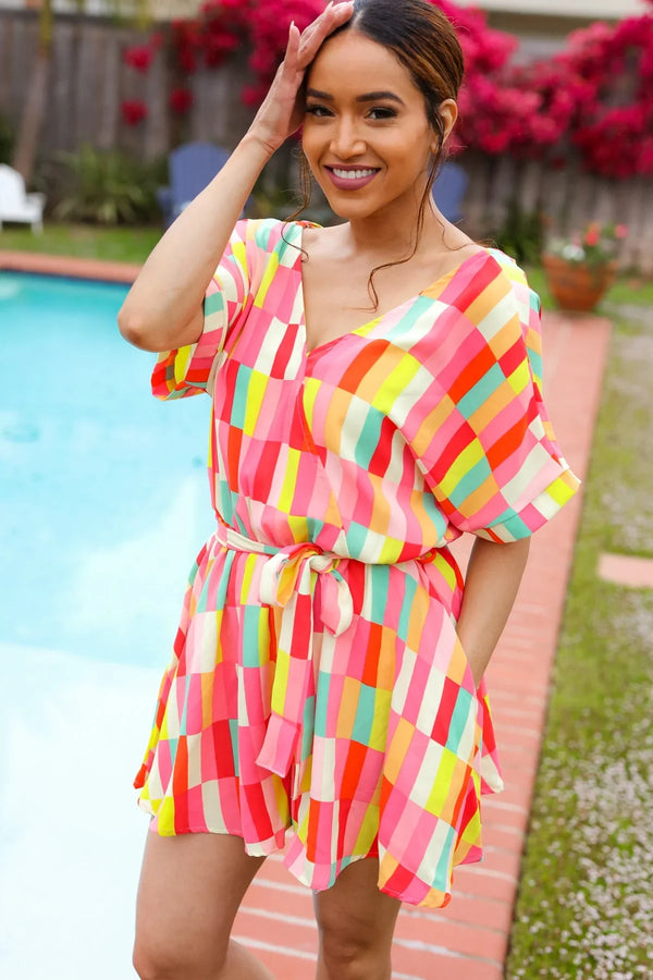 Eyes On You Coral Geo Abstract Surplice Woven Romper - Coeur de la Mode