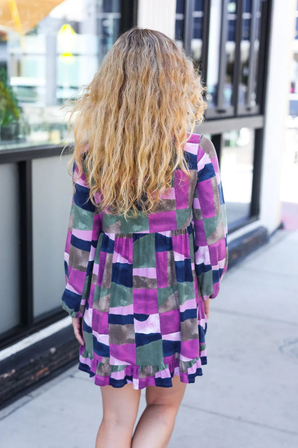 Lock Eyes Lavender Geo Print Ruffle Hem Dress - Coeur de la Mode