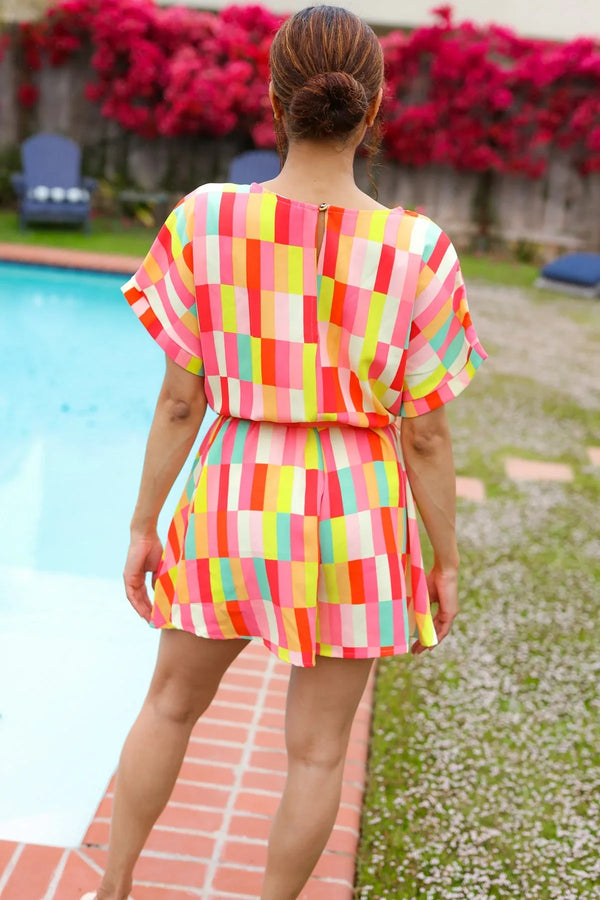 Eyes On You Coral Geo Abstract Surplice Woven Romper - Coeur de la Mode