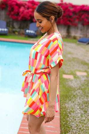 Eyes On You Coral Geo Abstract Surplice Woven Romper - Coeur de la Mode