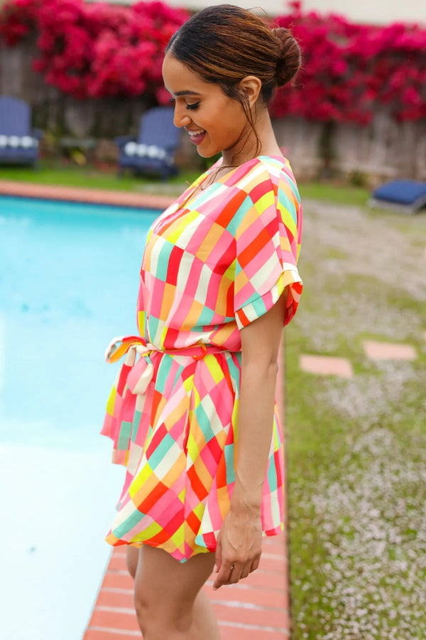 Eyes On You Coral Geo Abstract Surplice Woven Romper - Coeur de la Mode