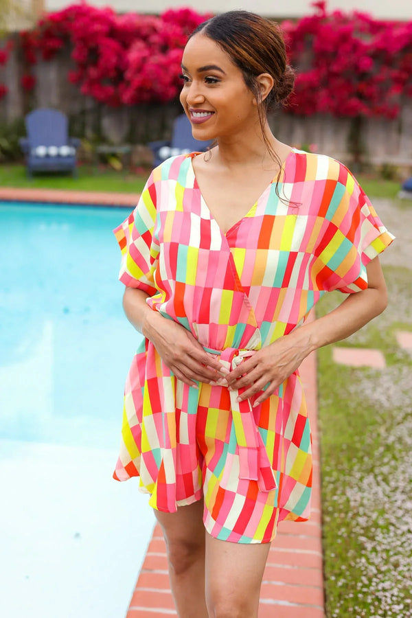 Eyes On You Coral Geo Abstract Surplice Woven Romper - Coeur de la Mode