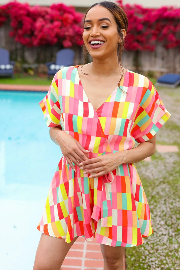 Eyes On You Coral Geo Abstract Surplice Woven Romper - Coeur de la Mode
