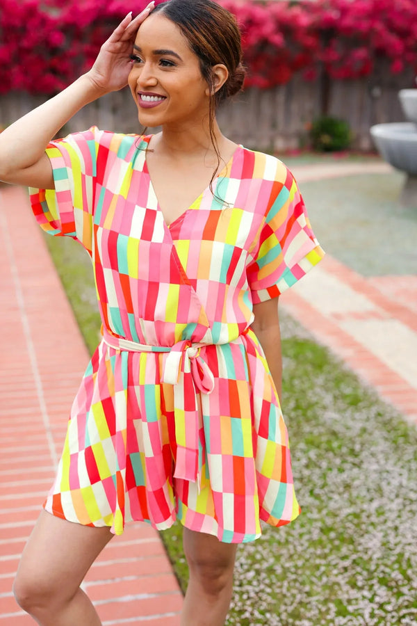Eyes On You Coral Geo Abstract Surplice Woven Romper - Coeur de la Mode