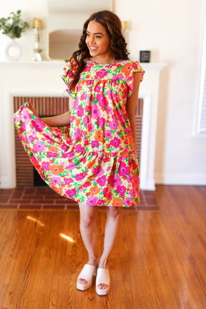 Be Charming Lime & Pink Floral Print Tiered Ruffle Sleeve Dress - Coeur de la Mode