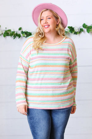 Green Apple & Tangerine Textured Vintage Stripe Top - Coeur de la Mode