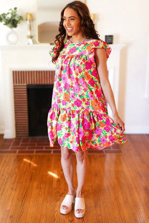 Be Charming Lime & Pink Floral Print Tiered Ruffle Sleeve Dress - Coeur de la Mode