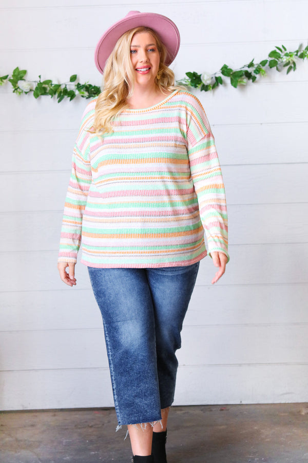 Green Apple & Tangerine Textured Vintage Stripe Top - Coeur de la Mode