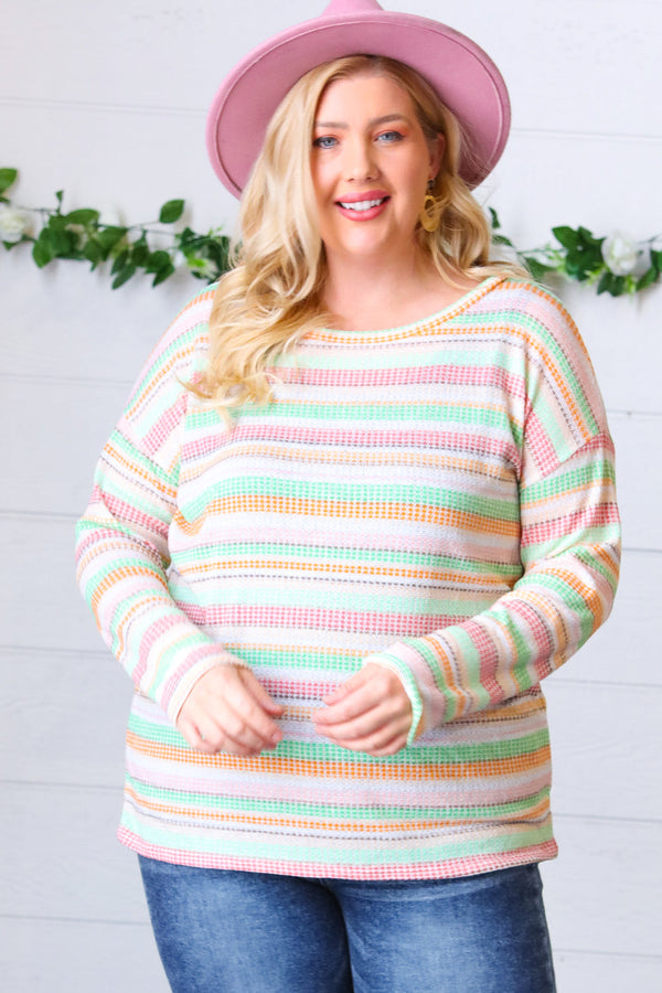 Green Apple & Tangerine Textured Vintage Stripe Top - Coeur de la Mode