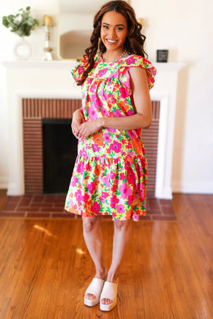 Be Charming Lime & Pink Floral Print Tiered Ruffle Sleeve Dress - Coeur de la Mode