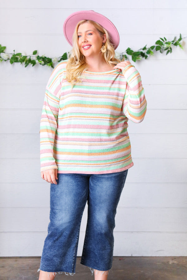 Green Apple & Tangerine Textured Vintage Stripe Top - Coeur de la Mode