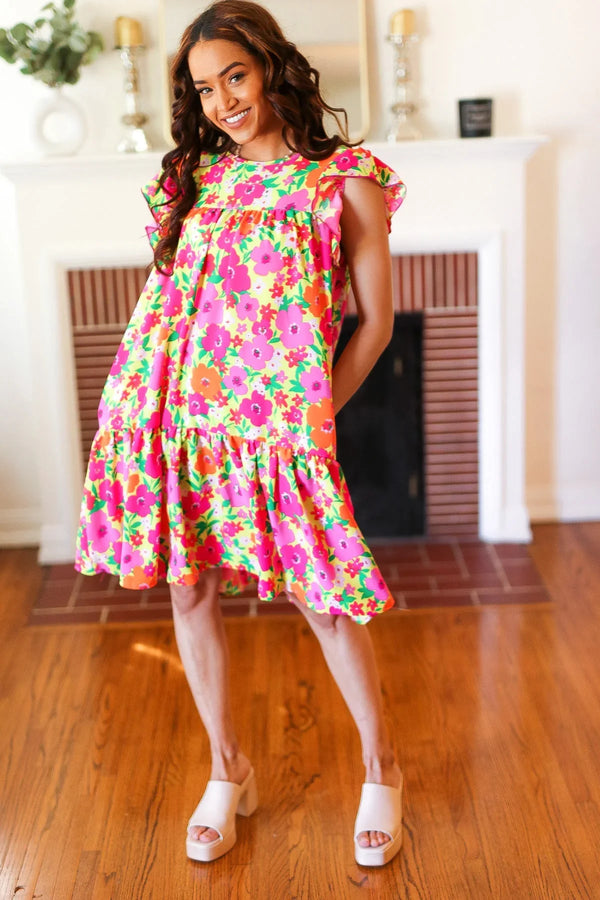 Be Charming Lime & Pink Floral Print Tiered Ruffle Sleeve Dress - Coeur de la Mode