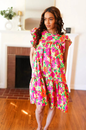 Be Charming Lime & Pink Floral Print Tiered Ruffle Sleeve Dress - Coeur de la Mode