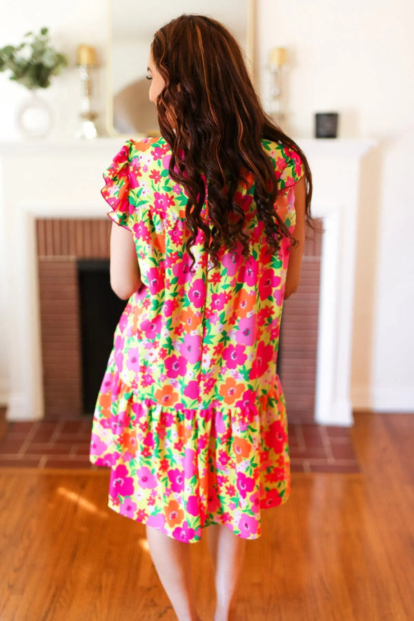 Be Charming Lime & Pink Floral Print Tiered Ruffle Sleeve Dress - Coeur de la Mode