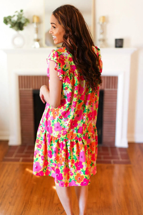 Be Charming Lime & Pink Floral Print Tiered Ruffle Sleeve Dress - Coeur de la Mode