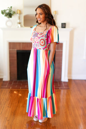 Feeling Bold Fuchsia & Teal Striped Medallion Crochet Print Dress - Coeur de la Mode