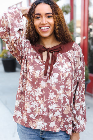 Spread Joy Taupe Floral Front Tie Elastic Long Sleeve Blouse - Coeur de la Mode