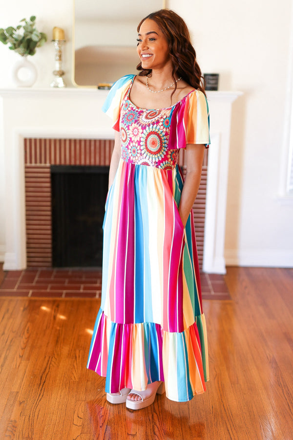 Feeling Bold Fuchsia & Teal Striped Medallion Crochet Print Dress - Coeur de la Mode