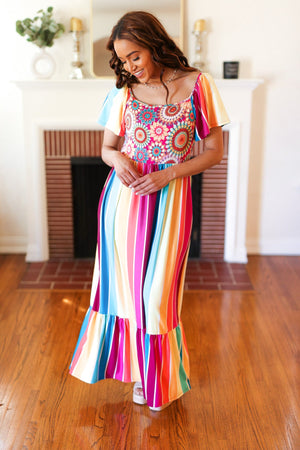 Feeling Bold Fuchsia & Teal Striped Medallion Crochet Print Dress - Coeur de la Mode