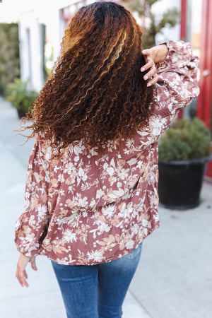 Spread Joy Taupe Floral Front Tie Elastic Long Sleeve Blouse - Coeur de la Mode