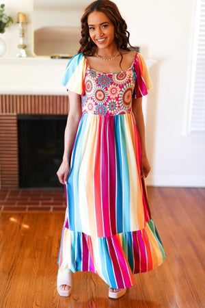 Feeling Bold Fuchsia & Teal Striped Medallion Crochet Print Dress - Coeur de la Mode