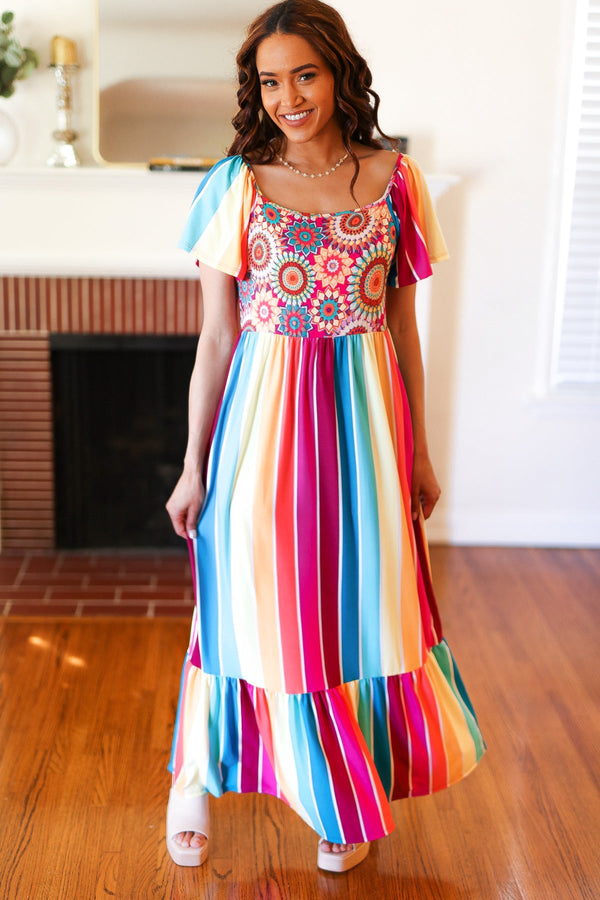 Feeling Bold Fuchsia & Teal Striped Medallion Crochet Print Dress - Coeur de la Mode