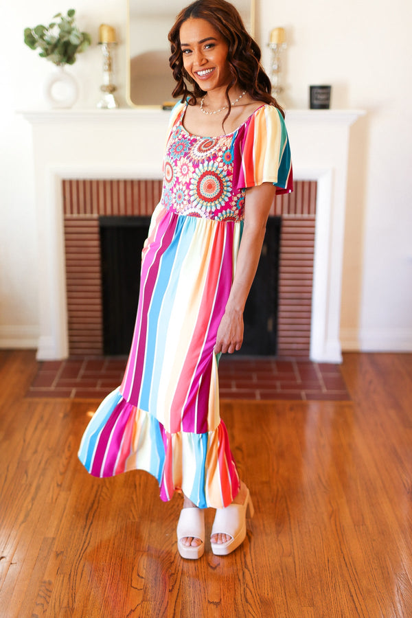 Feeling Bold Fuchsia & Teal Striped Medallion Crochet Print Dress - Coeur de la Mode