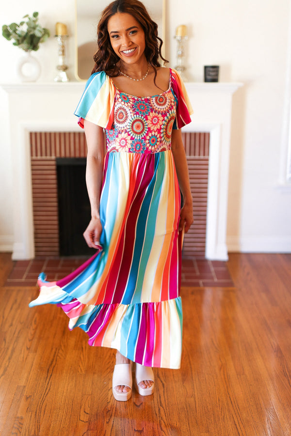 Feeling Bold Fuchsia & Teal Striped Medallion Crochet Print Dress - Coeur de la Mode
