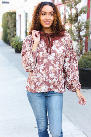 Spread Joy Taupe Floral Front Tie Elastic Long Sleeve Blouse - Coeur de la Mode