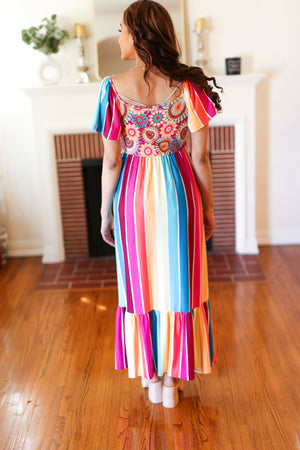 Feeling Bold Fuchsia & Teal Striped Medallion Crochet Print Dress - Coeur de la Mode