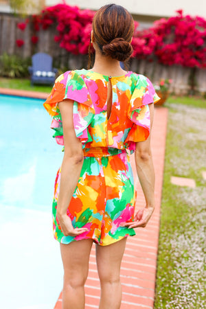 Under The Sun Abstract Floral Smocked Waist V Neck Flutter Sleeve Romper - Coeur de la Mode