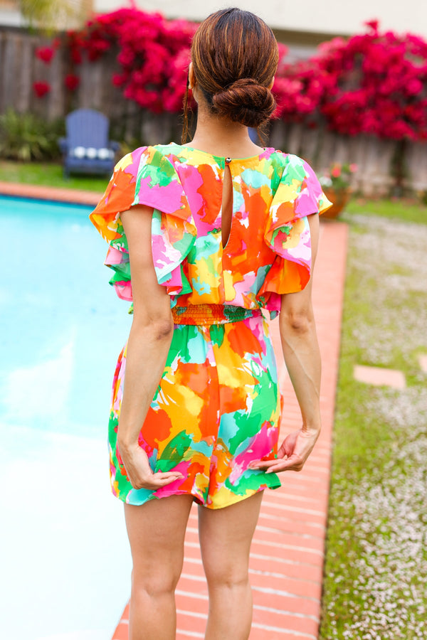 Under The Sun Abstract Floral Smocked Waist V Neck Flutter Sleeve Romper - Coeur de la Mode