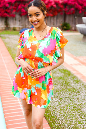 Under The Sun Abstract Floral Smocked Waist V Neck Flutter Sleeve Romper - Coeur de la Mode