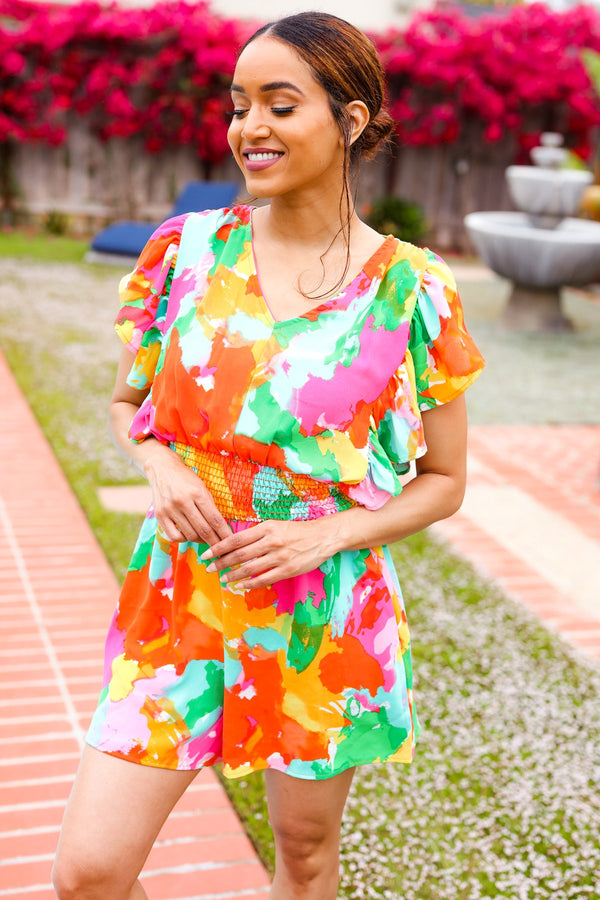 Under The Sun Abstract Floral Smocked Waist V Neck Flutter Sleeve Romper - Coeur de la Mode