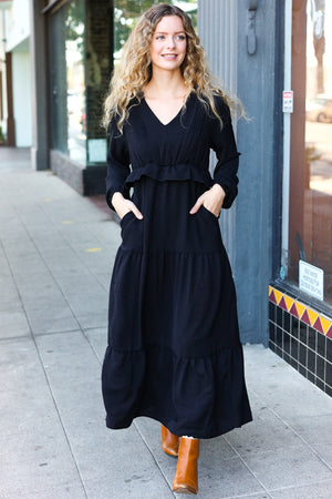 Beautiful You Black Pintuck Detail Frill V Neck Maxi Dress - Coeur de la Mode